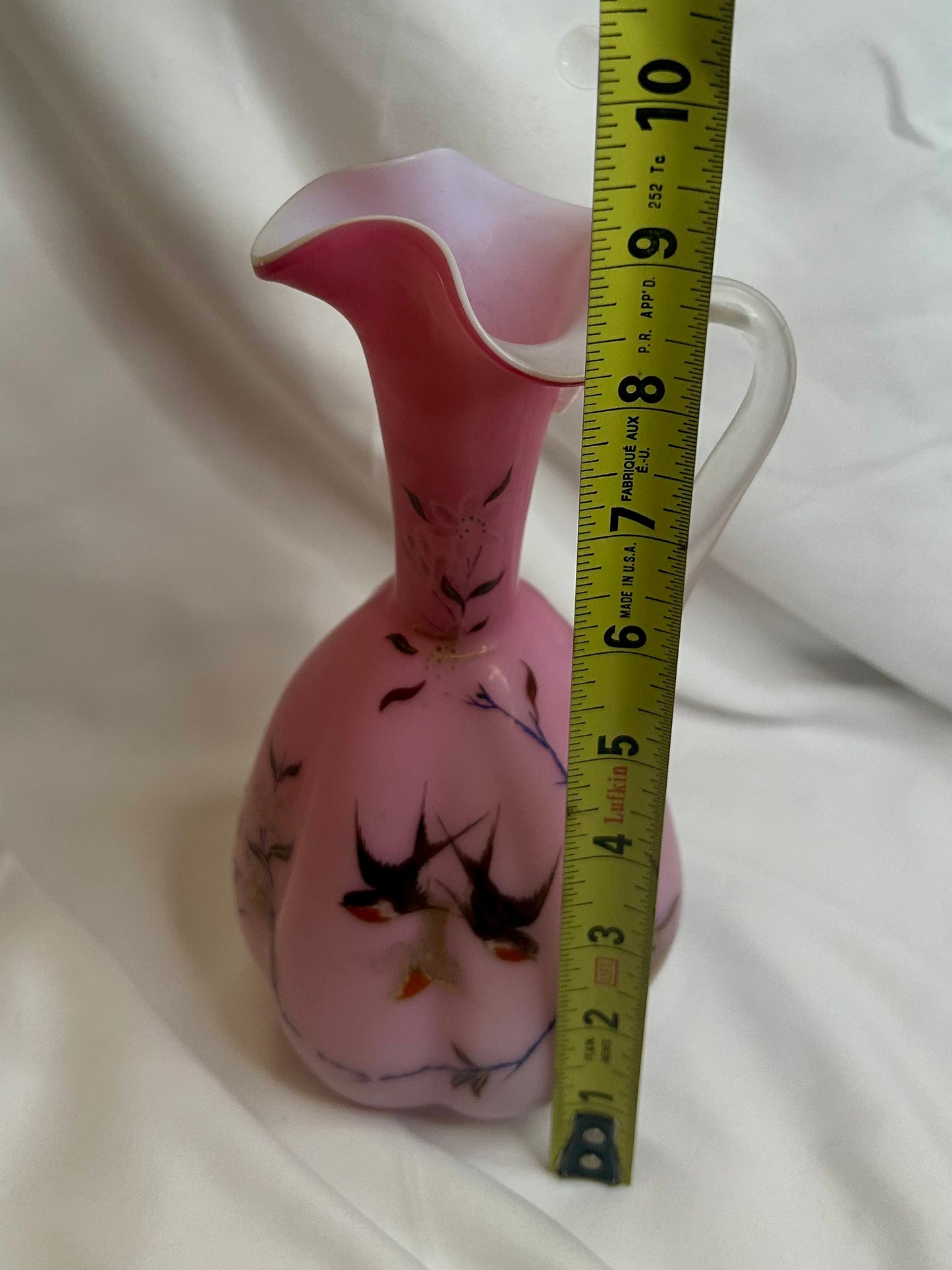 Antique Hand Painted Pink Glass Ewer with Bird Motif