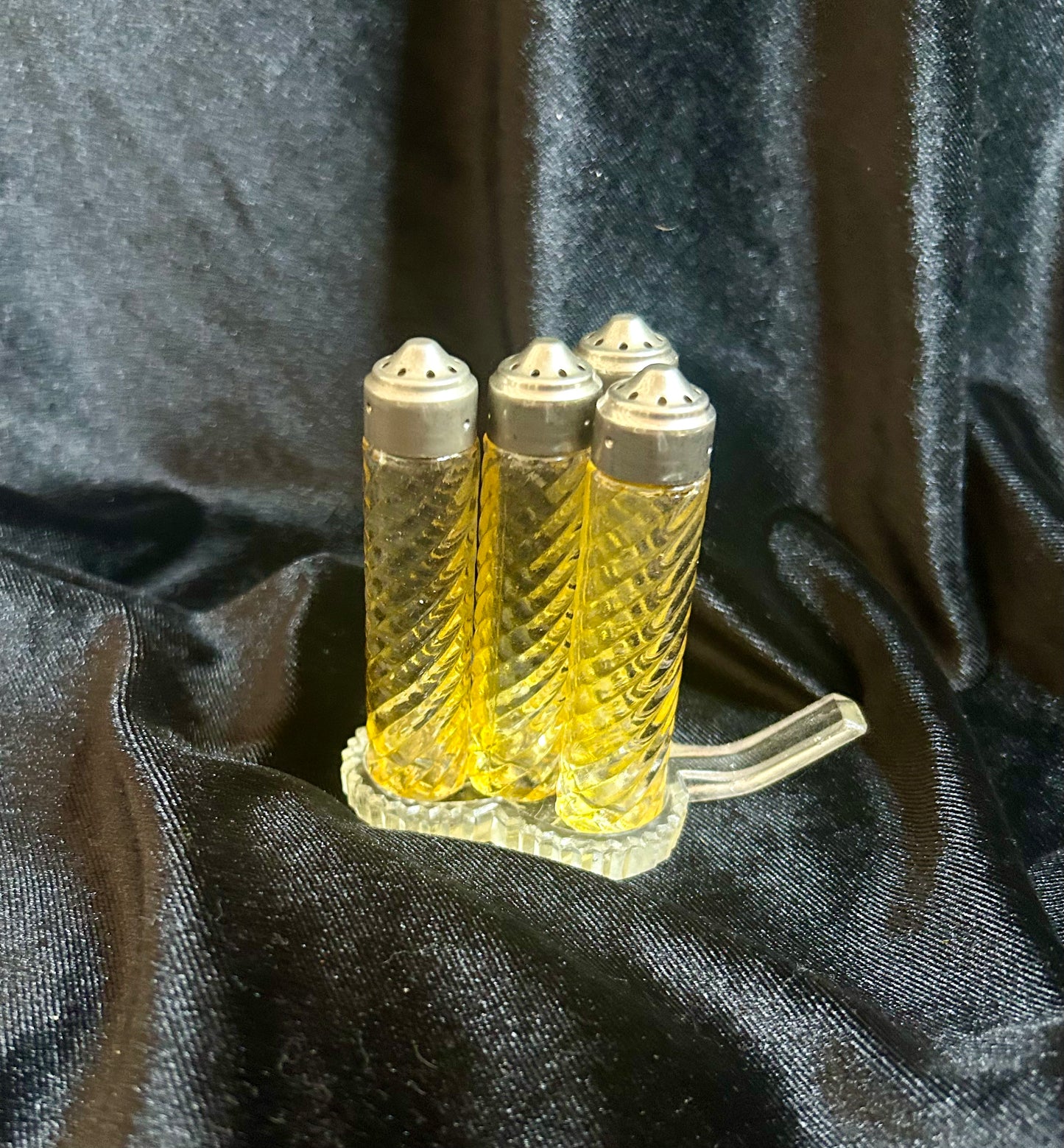 Vintage Glass Swirl Salt and Pepper Shakers on Three Leaf Clover Tray