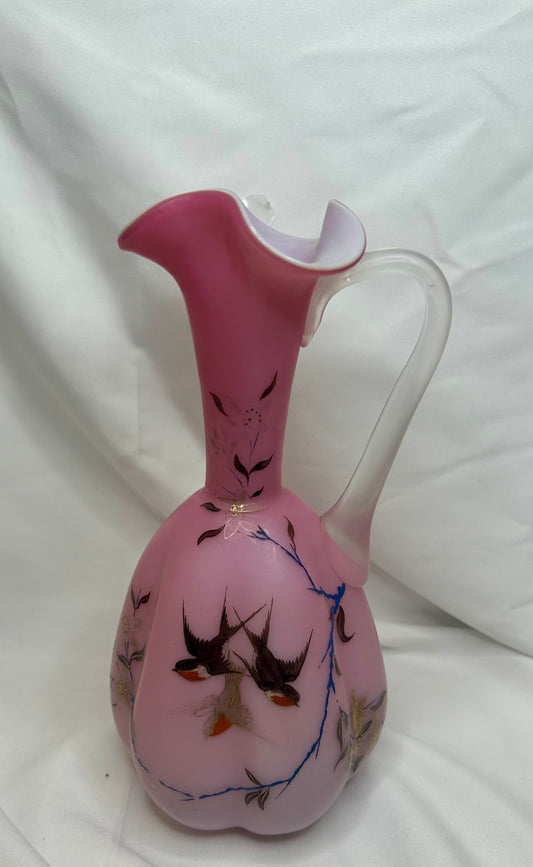 Antique Hand Painted Pink Glass Ewer with Bird Motif