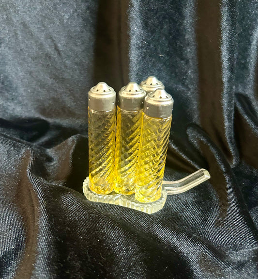 Vintage Glass Swirl Salt and Pepper Shakers on Three Leaf Clover Tray